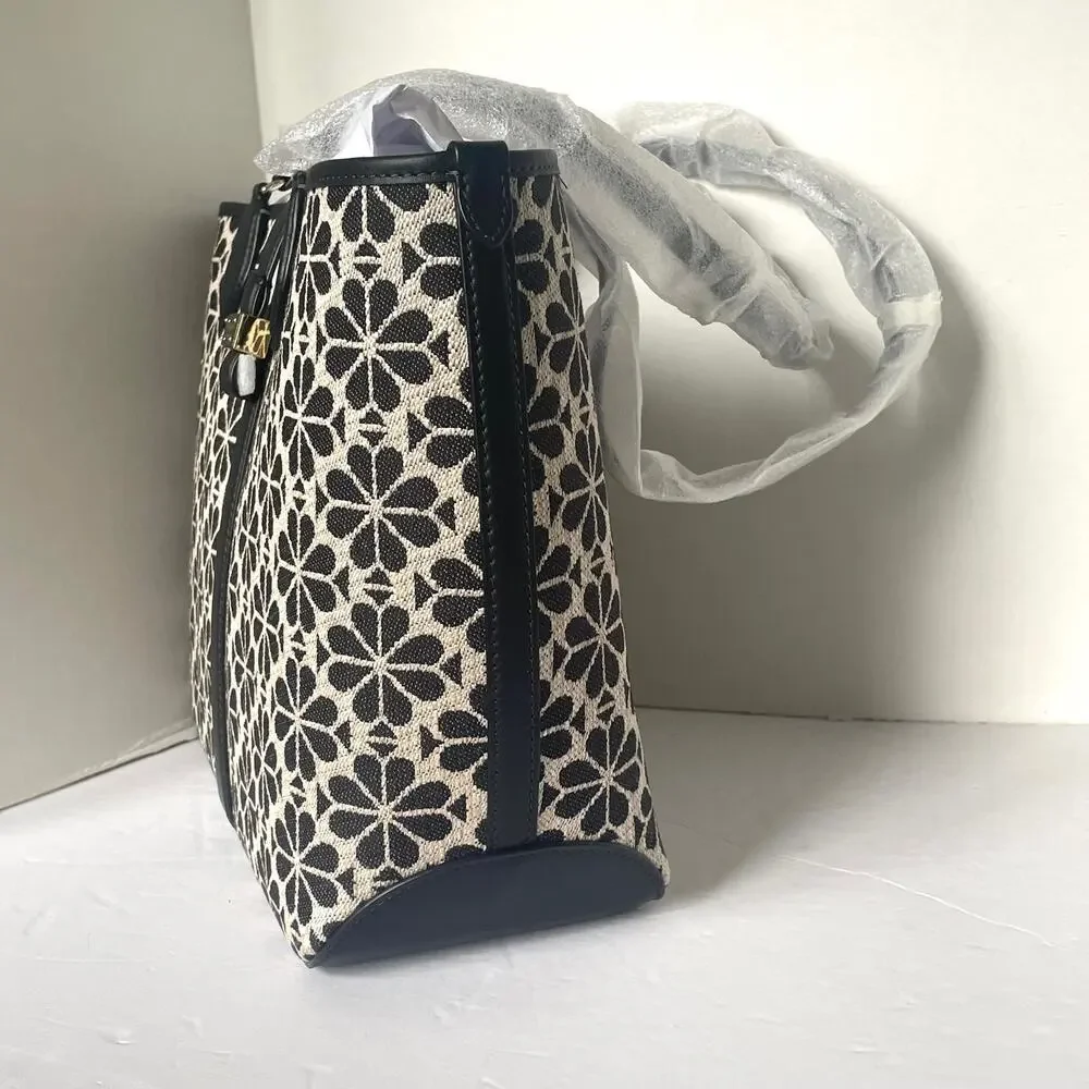 Kate Spade Black Flower Jacquard Tote Medium Leather Trim Shoulder Bag